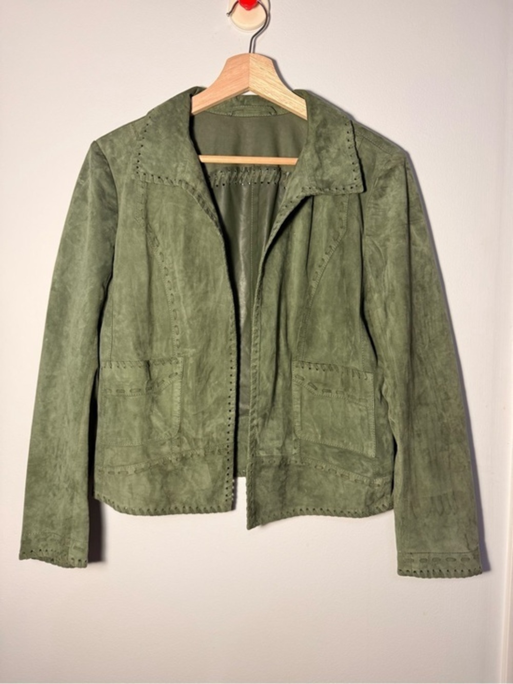 SCHYIA Olive Suede Moto Jacket Genuine Lamb Leather Jacket size 38